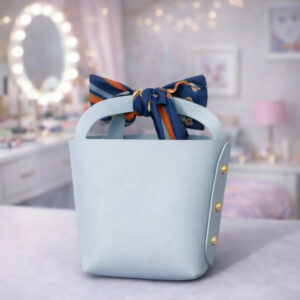 Light Blue Mini Stylish Handbag with Scarf Handle Compact Fashion Purse